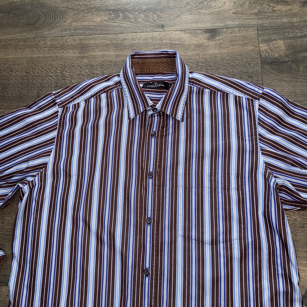 Bugatchi Uomo Mens Shirt Button Up Brown Striped Classic Fit Long Sleeve Sz L - Picture 3 of 11